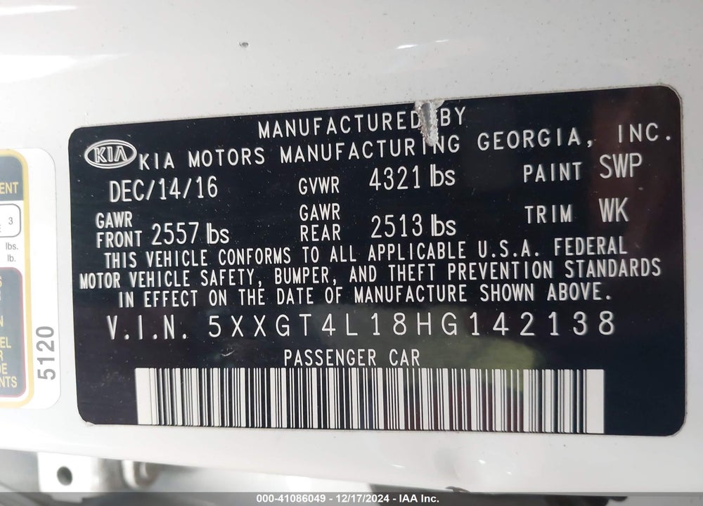 2017 KIA OPTIMA LX TURBO VIN: 5XXGT4L18HG142138