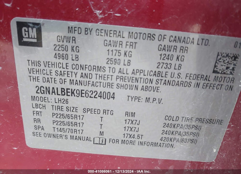 2014 CHEVROLET EQUINOX 1LT VIN: 2GNALBEK9E6224004