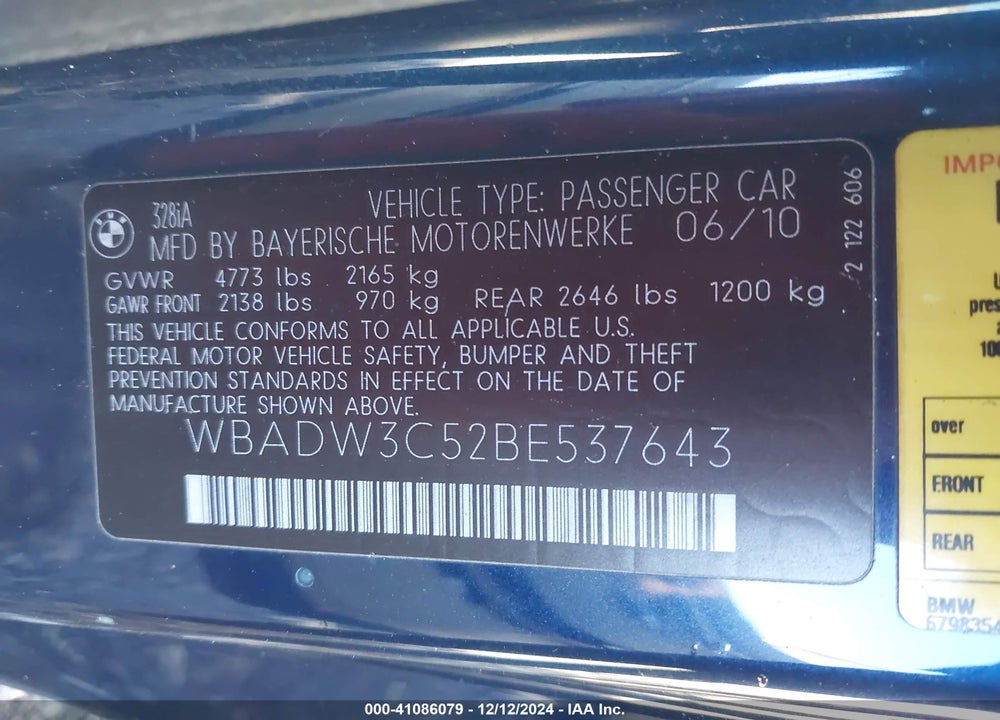 2011 BMW 328I VIN: WBADW3C52BE537643