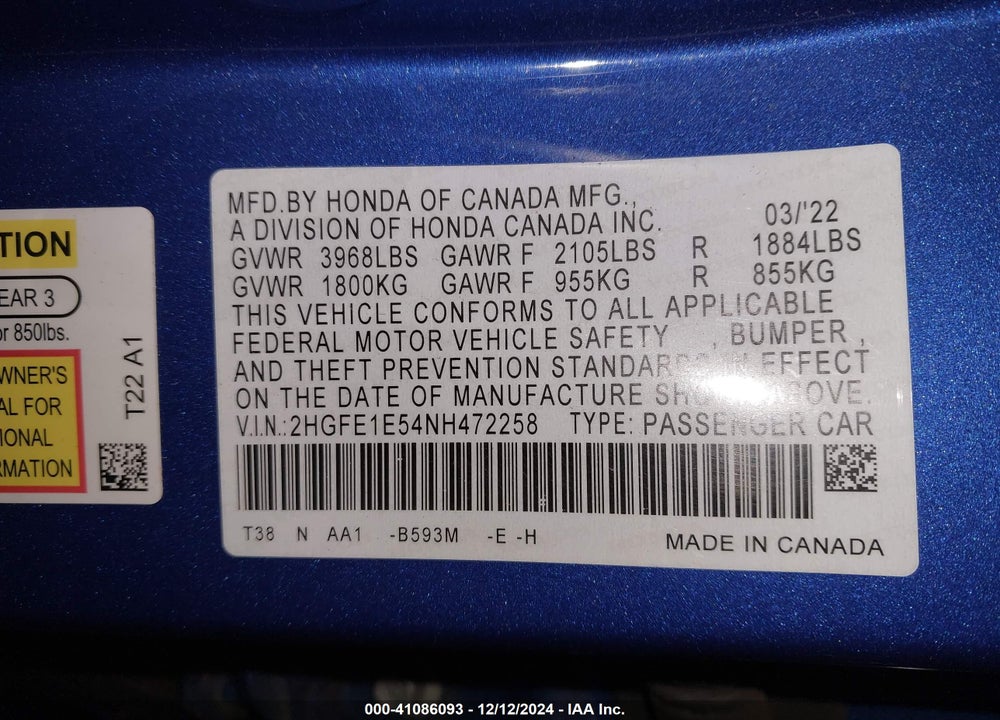 2022 HONDA CIVIC SI VIN: 2HGFE1E54NH472258