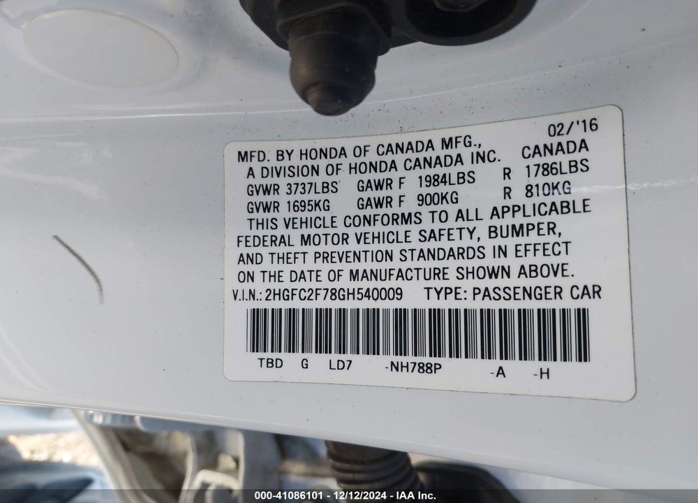 2016 HONDA CIVIC EX VIN: 2HGFC2F78GH540009