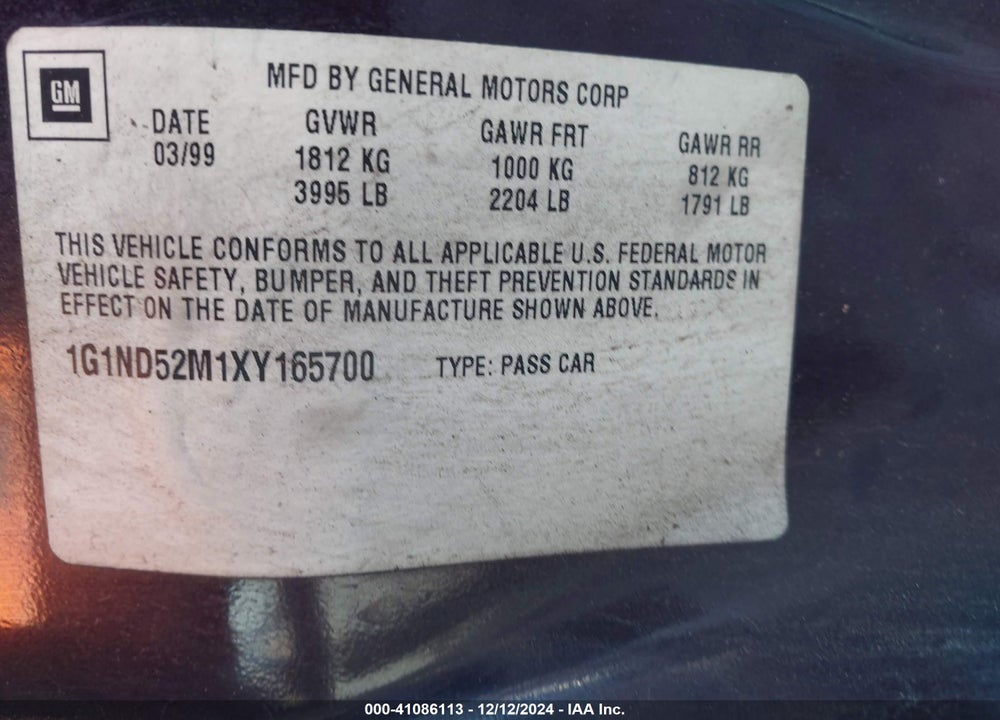 1999 CHEVROLET MALIBU VIN: 1G1ND52M1XY165700