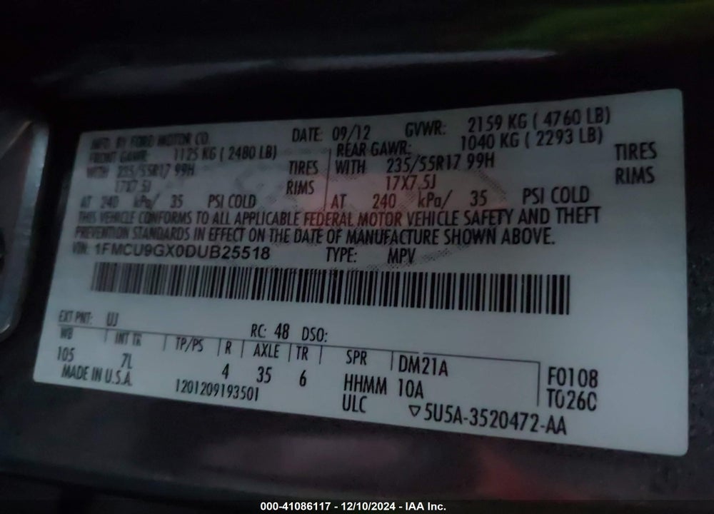 2013 FORD ESCAPE SE VIN: 1FMCU9GX0DUB25518