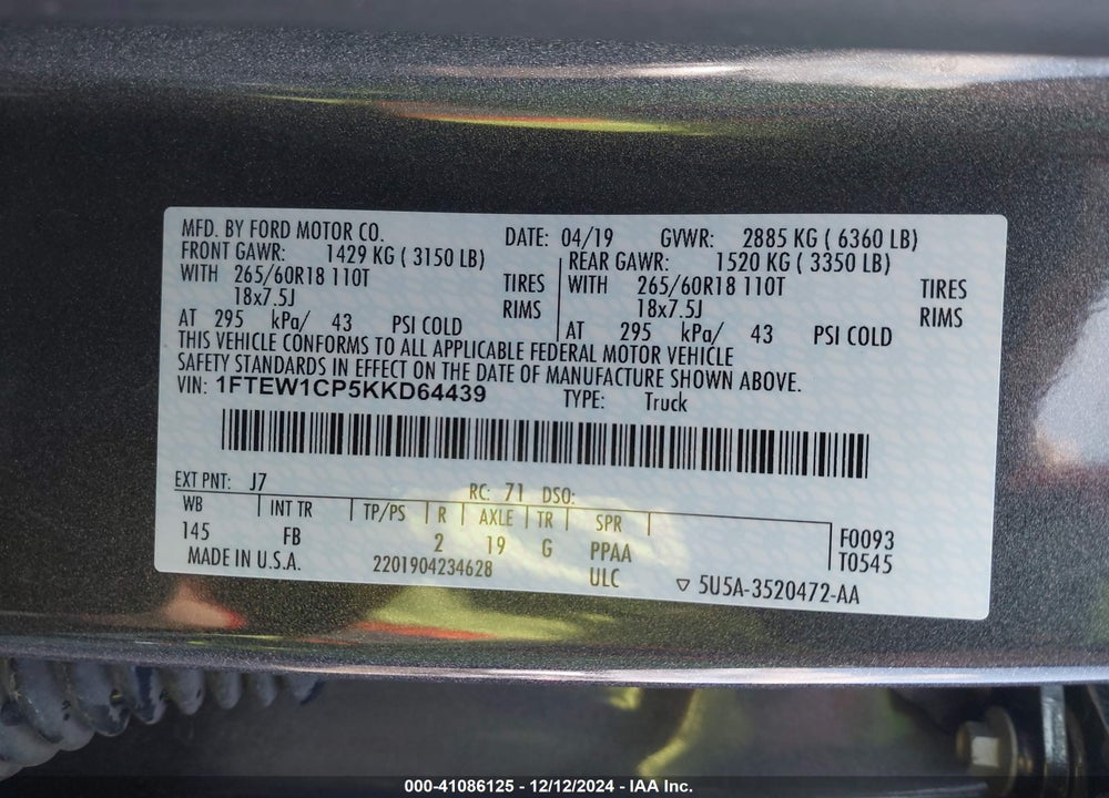 2019 FORD F-150 XLT VIN: 1FTEW1CP5KKD64439