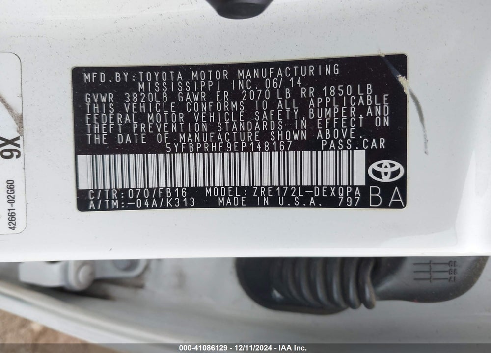 2014 TOYOTA COROLLA LE ECO VIN: 5YFBPRHE9EP148167
