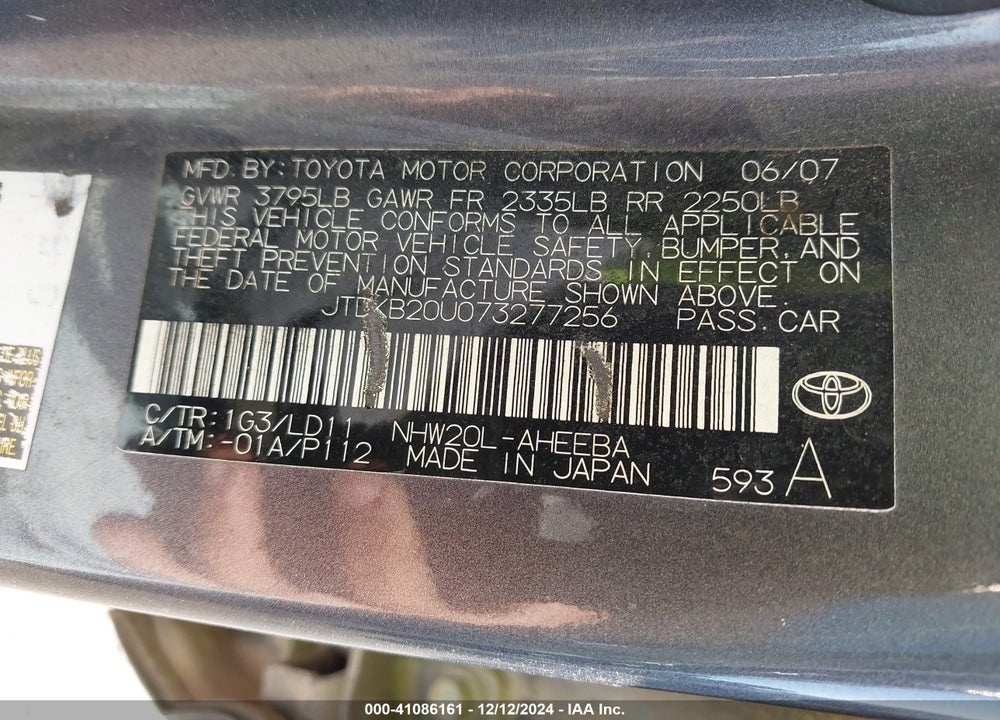 2007 TOYOTA PRIUS VIN: JTDKB20U073277256