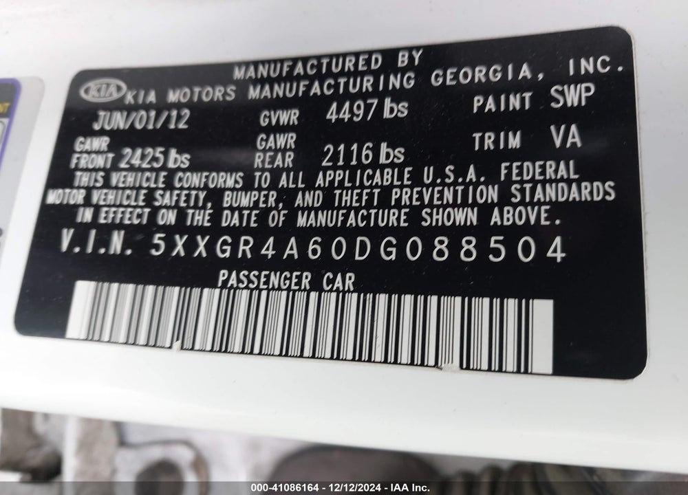 2013 KIA OPTIMA SX VIN: 5XXGR4A60DG088504