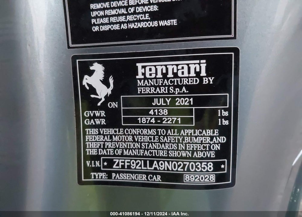 2022 FERRARI F8 TRIBUTO VIN: ZFF92LLA9N0270358