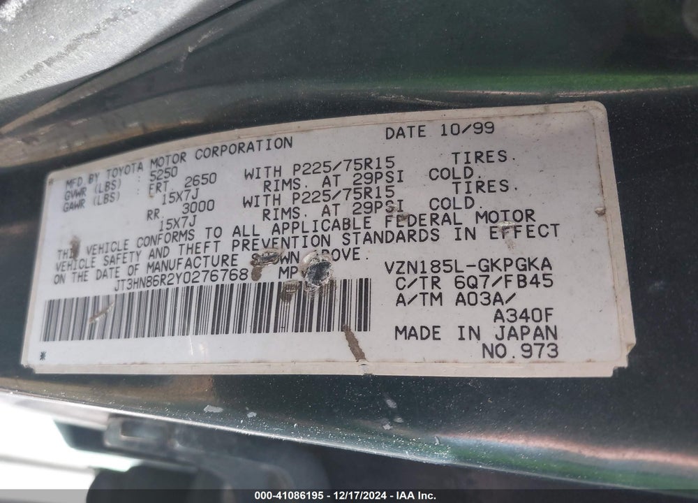 2000 TOYOTA 4RUNNER SR5 V6 VIN: JT3HN86R2Y0276768