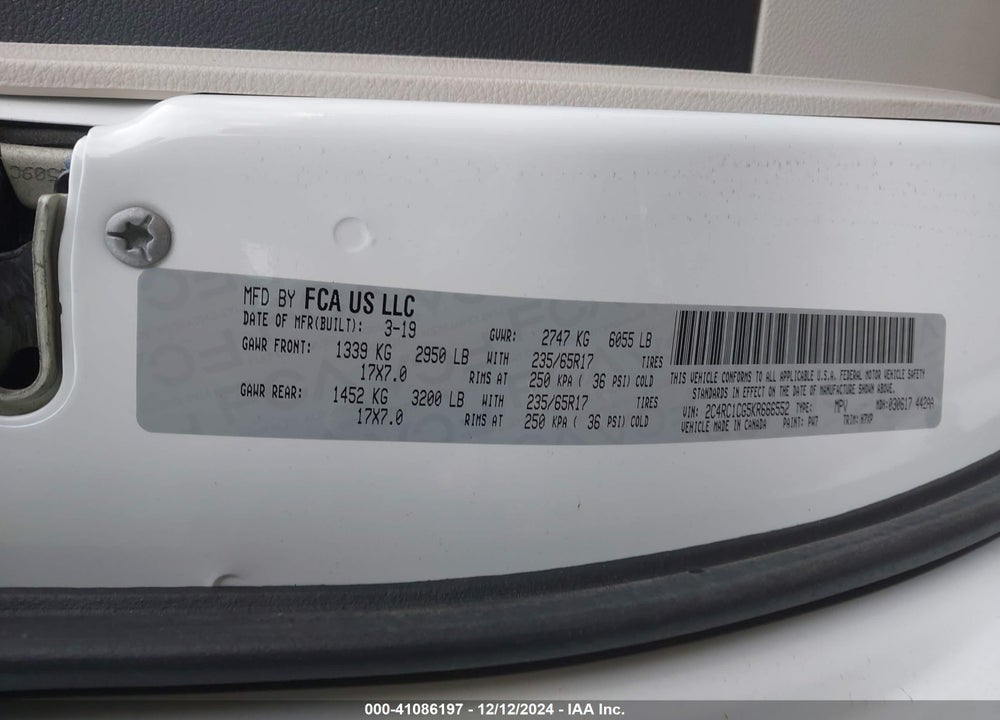 2019 CHRYSLER PACIFICA VIN: 2C4RC1CG5KR666552