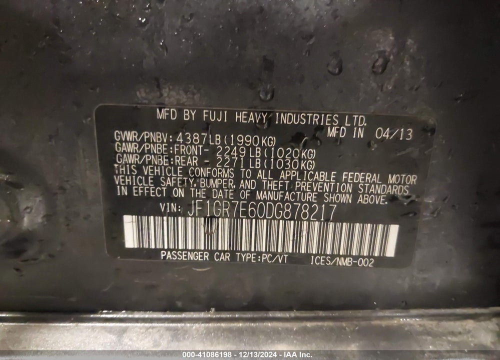 2013 SUBARU IMPREZA WRX VIN: JF1GR7E60DG878217