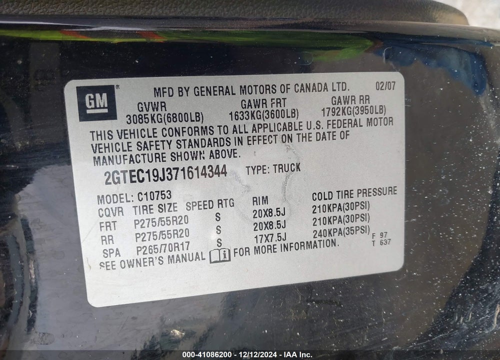 2007 GMC NEW SIERRA VIN: 2GTEC19J371614344