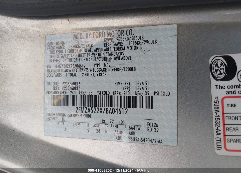 2007 FORD FREESTAR SEL VIN: 2FMZA522X7BA04612