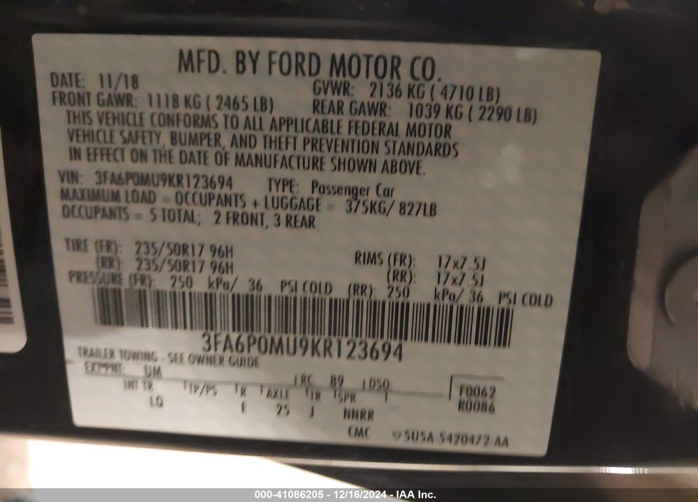 2019 FORD FUSION HYBRID VIN: 3FA6P0MU9KR123694