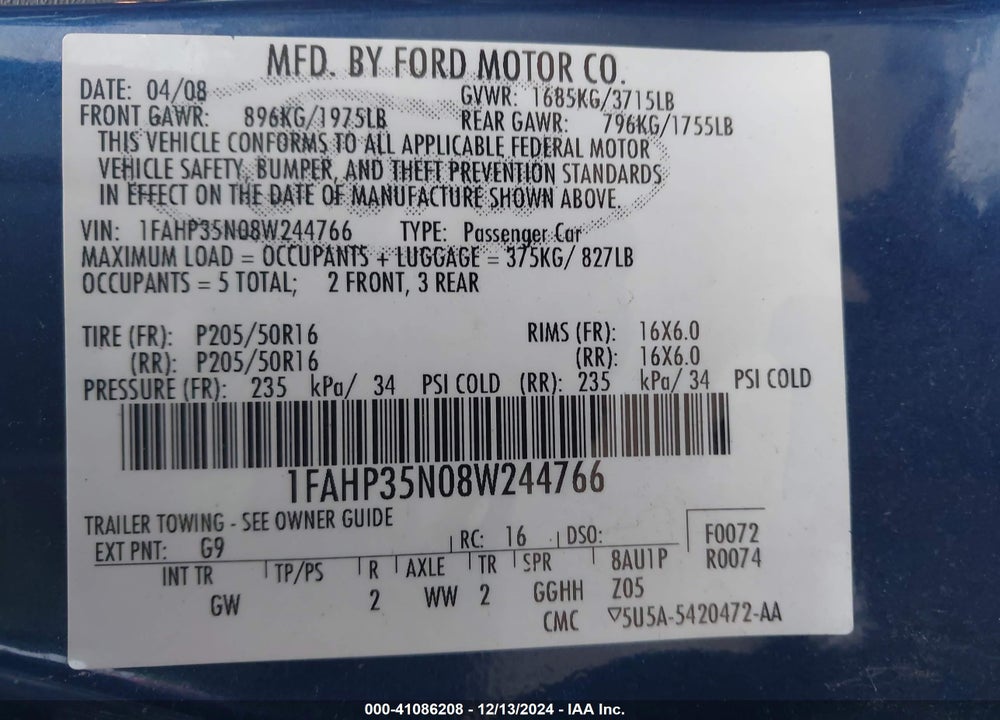2008 FORD FOCUS SE/SES VIN: 1FAHP35N08W244766