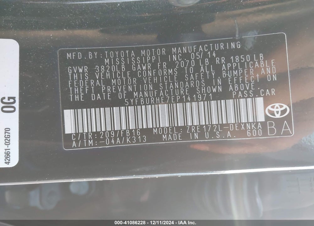 2014 TOYOTA COROLLA LE VIN: 5YFBURHE7EP141971