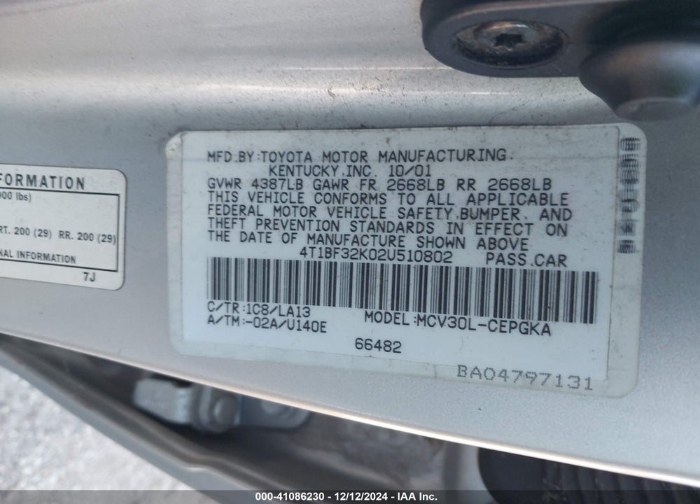 2002 TOYOTA CAMRY XLE V6 VIN: 4T1BF32K02U510802