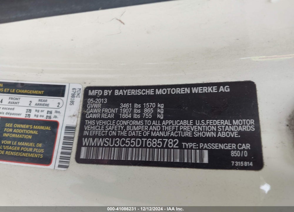 2013 MINI HARDTOP VIN: WMWSU3C55DT685782
