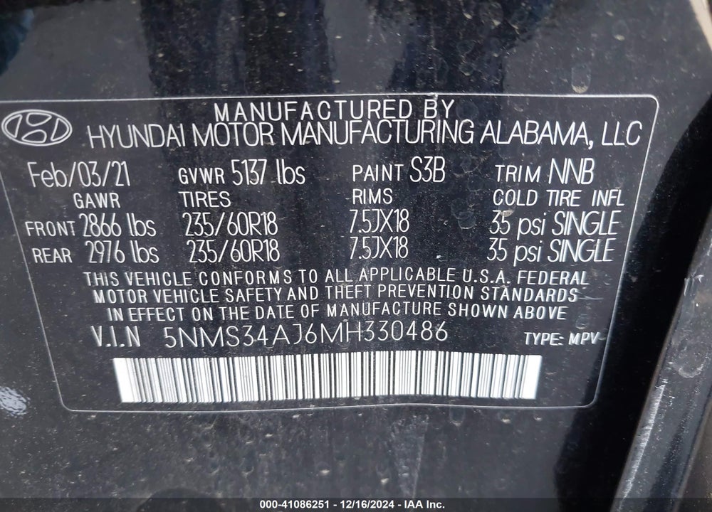 2021 HYUNDAI SANTA FE SEL VIN: 5NMS34AJ6MH330486