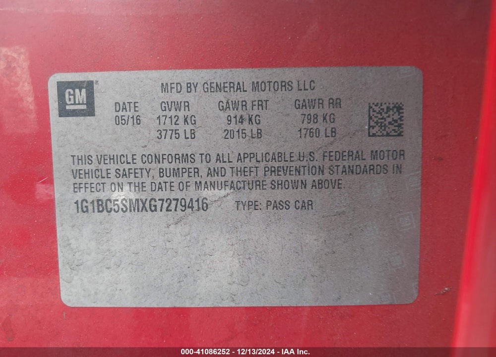 2016 CHEVROLET CRUZE LS AUTO VIN: 1G1BC5SMXG7279416