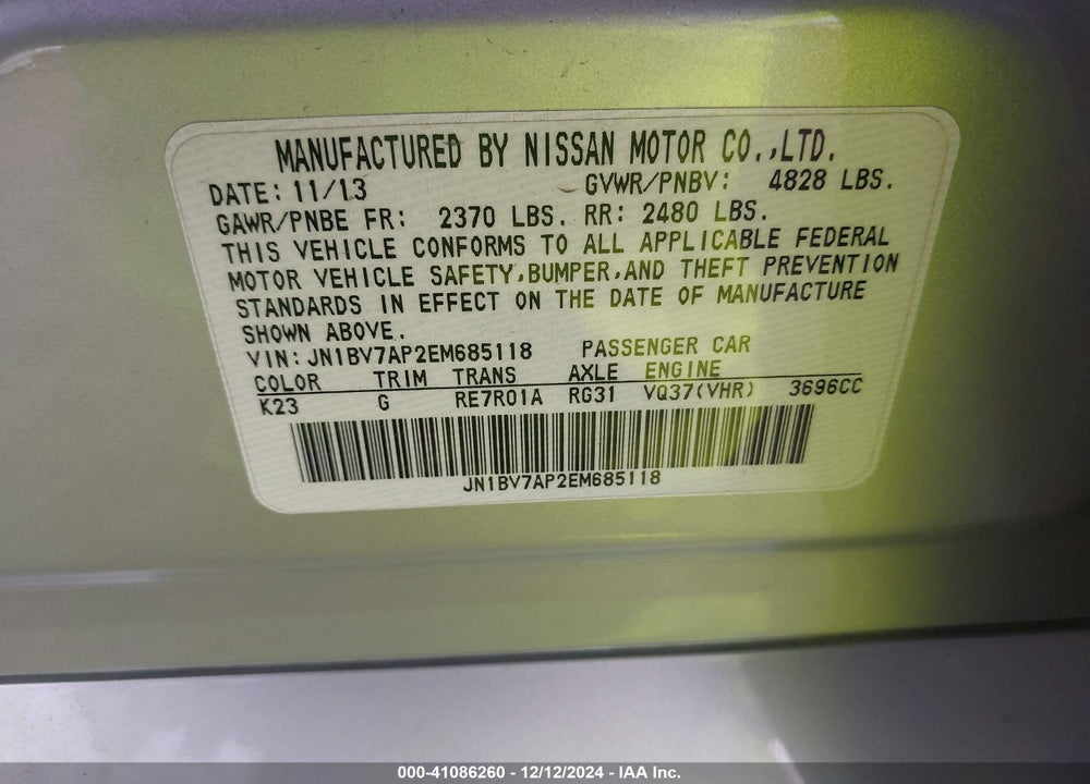2014 INFINITI Q50 PREMIUM VIN: JN1BV7AP2EM685118