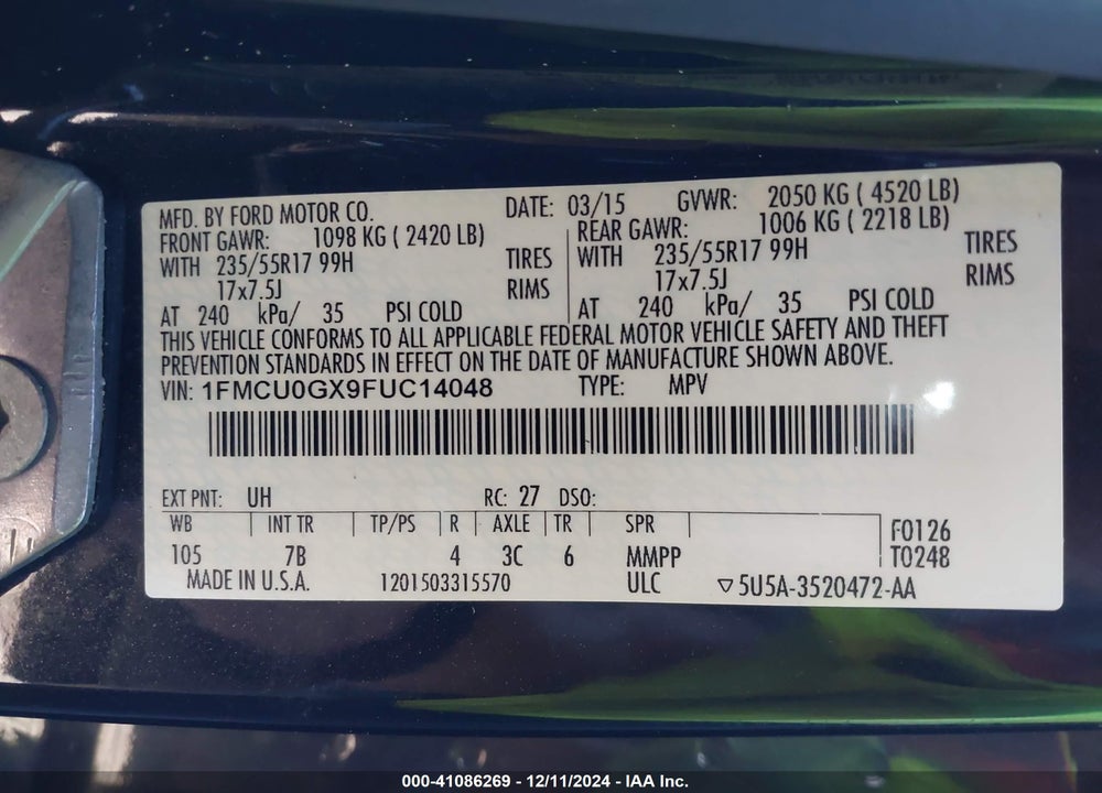 2015 FORD ESCAPE SE VIN: 1FMCU0GX9FUC14048