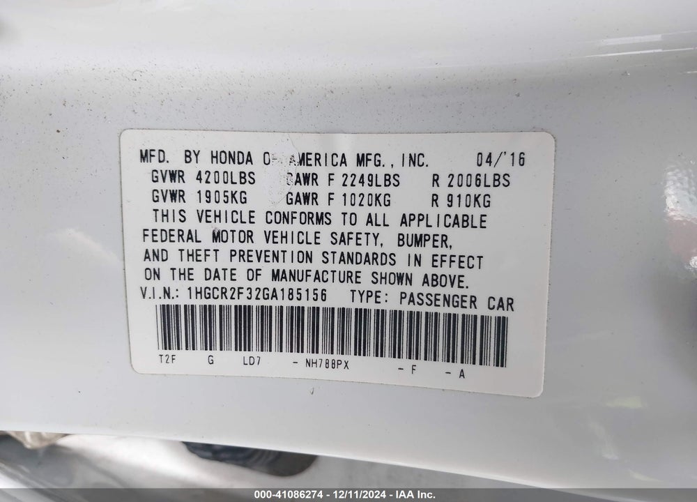 2016 HONDA ACCORD LX VIN: 1HGCR2F32GA185156