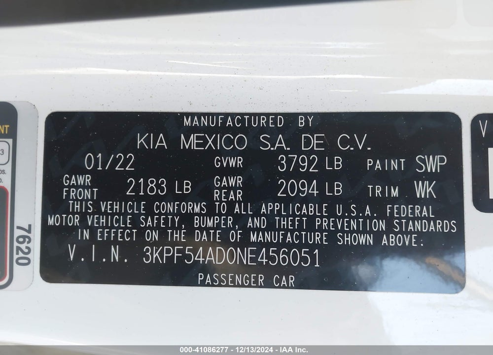 2022 KIA FORTE VIN: 3KPF54AD0NE456051