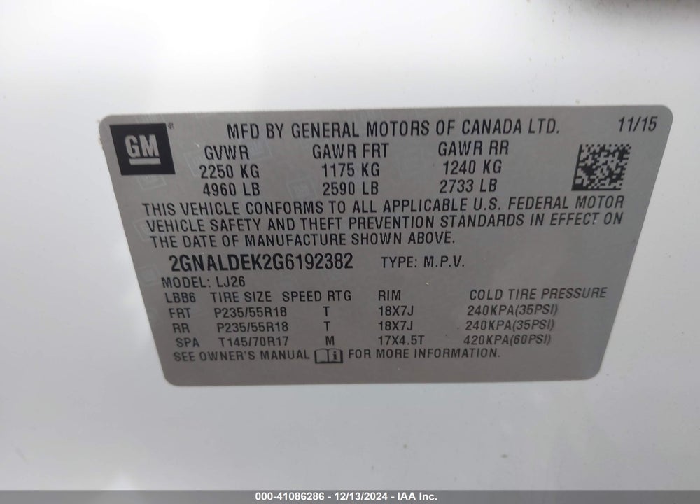 2016 CHEVROLET EQUINOX LTZ VIN: 2GNALDEK2G6192382