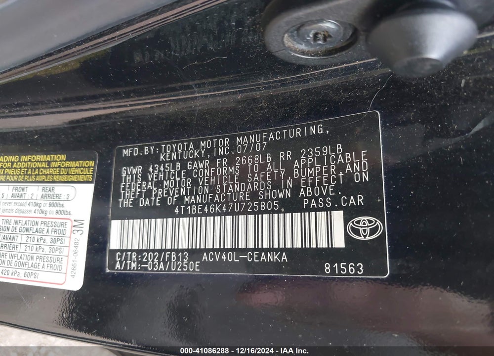 2007 TOYOTA CAMRY LE VIN: 4T1BE46K47U725805