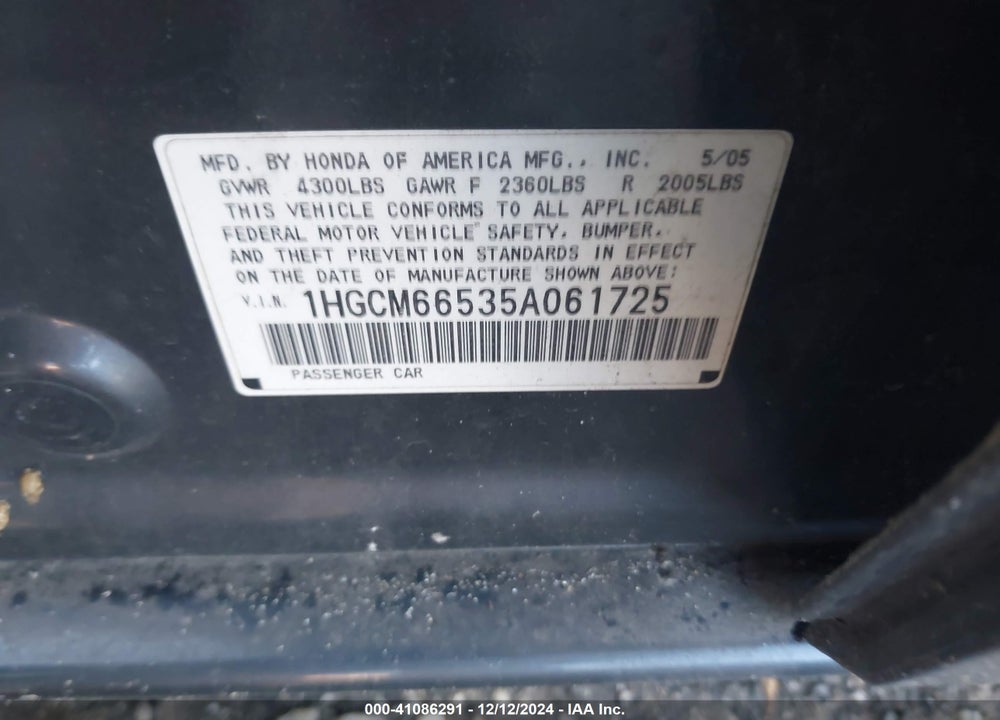 2005 HONDA ACCORD 3.0 EX VIN: 1HGCM66535A061725