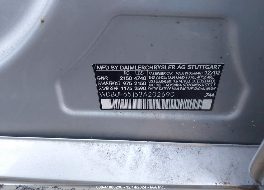 2003 MERCEDES-BENZ E 320 VIN: WDBUF65J53A202690