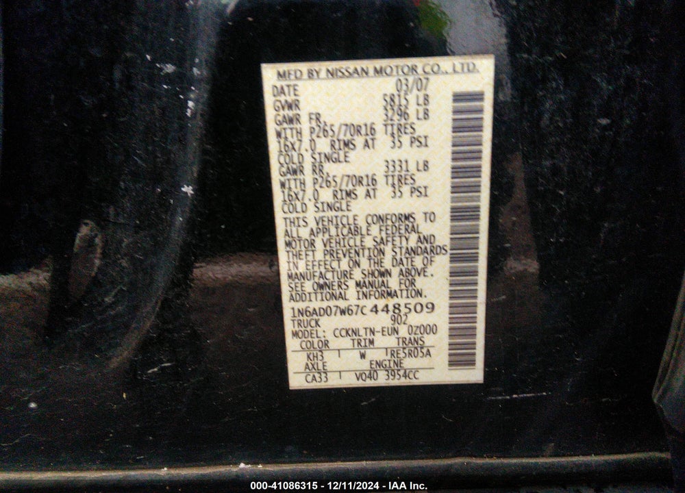 2007 NISSAN FRONTIER SE VIN: 1N6AD07W67C448509