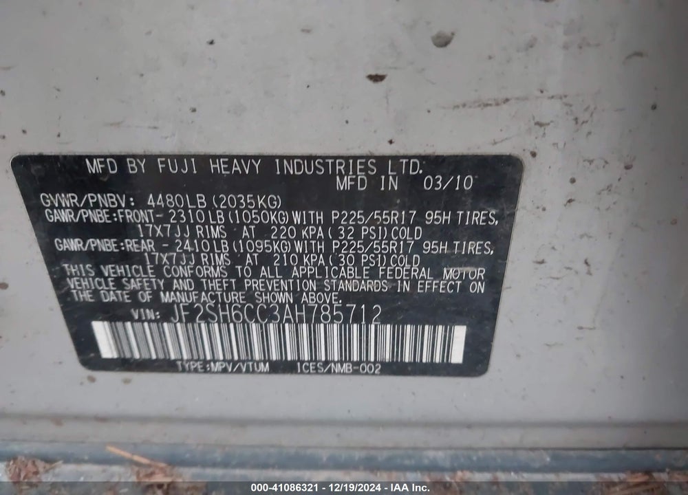 2010 SUBARU FORESTER 2.5X PREMIUM VIN: JF2SH6CC3AH785712
