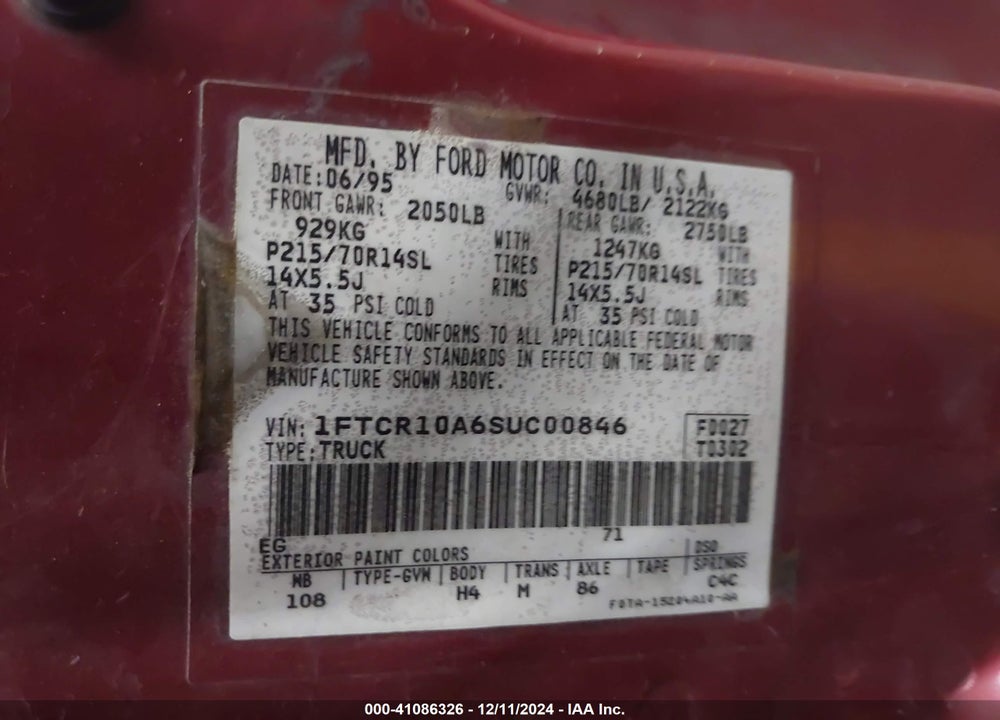 1995 FORD RANGER VIN: 1FTCR10A6SUC00846