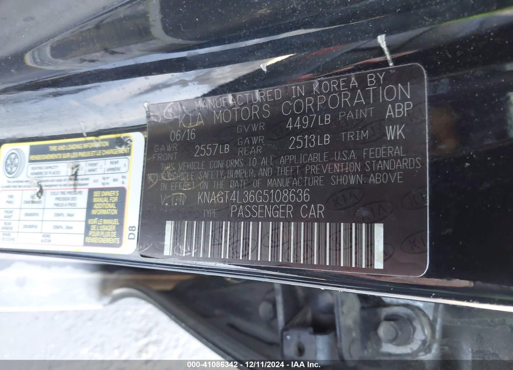 2016 KIA OPTIMA LX VIN: KNAGT4L36G5108636