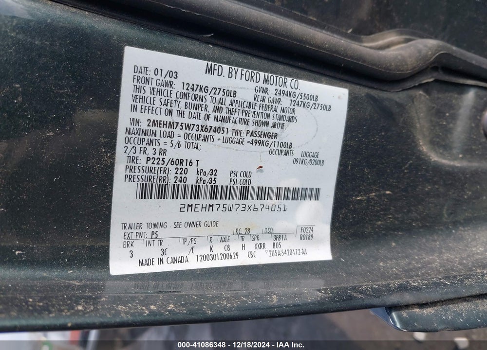 2003 MERCURY GRAND MARQUIS LS VIN: 2MEHM75W73X674051