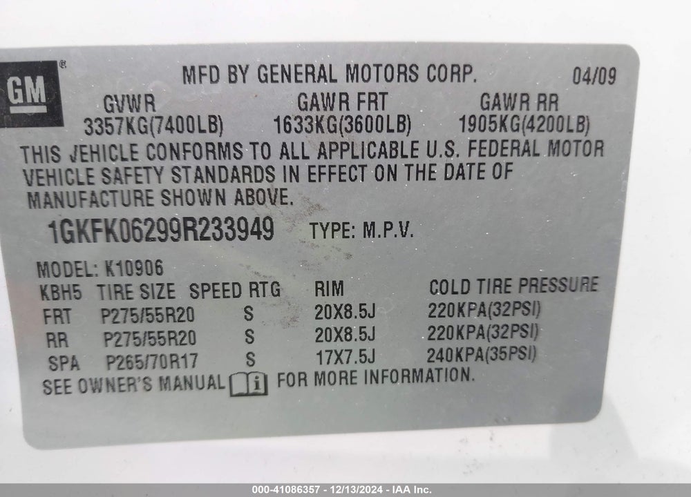 2009 GMC YUKON XL 1500 DENALI VIN: 1GKFK06299R233949