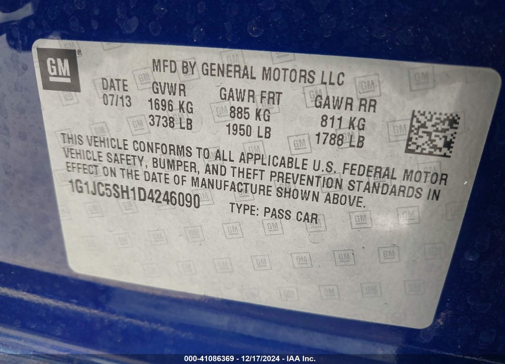 2013 CHEVROLET SONIC LT AUTO VIN: 1G1JC5SH1D4246090