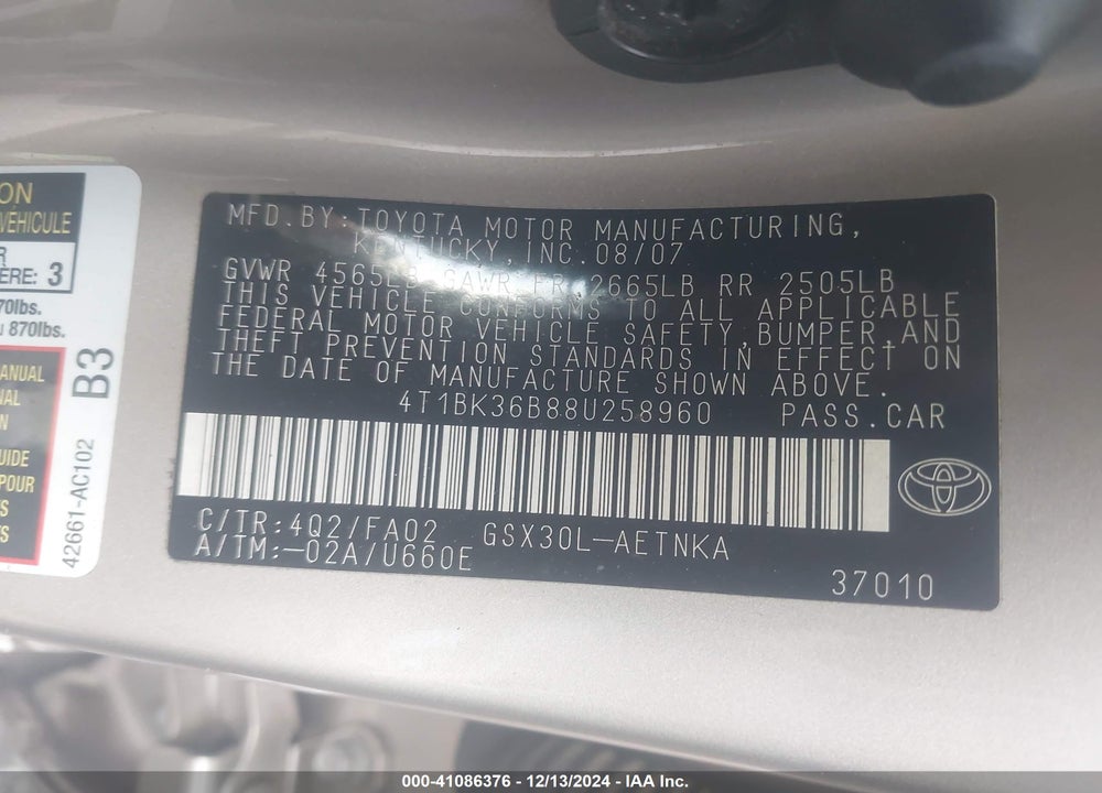 2008 TOYOTA AVALON XL VIN: 4T1BK36B88U258960