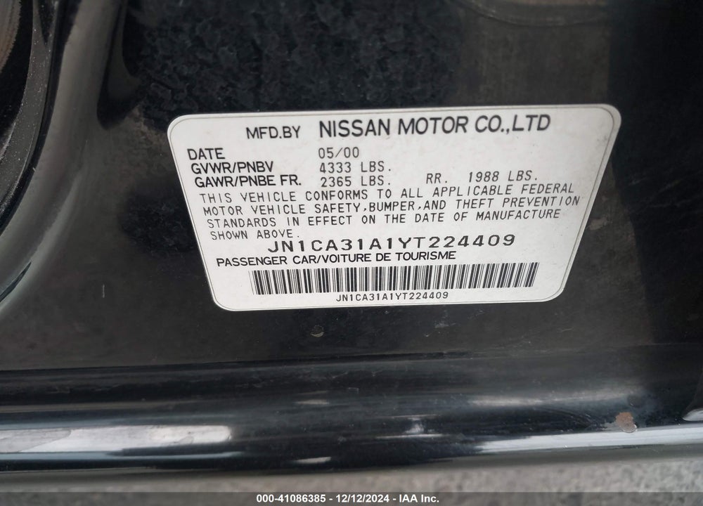 2000 NISSAN MAXIMA GLE/GXE/SE VIN: JN1CA31A1YT224409