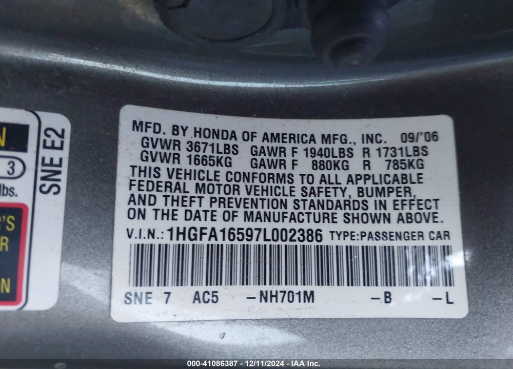 2007 HONDA CIVIC LX VIN: 1HGFA16597L002386