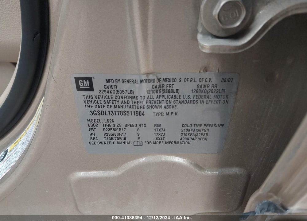 2008 SATURN VUE V6 XR VIN: 3GSDL73778S511904