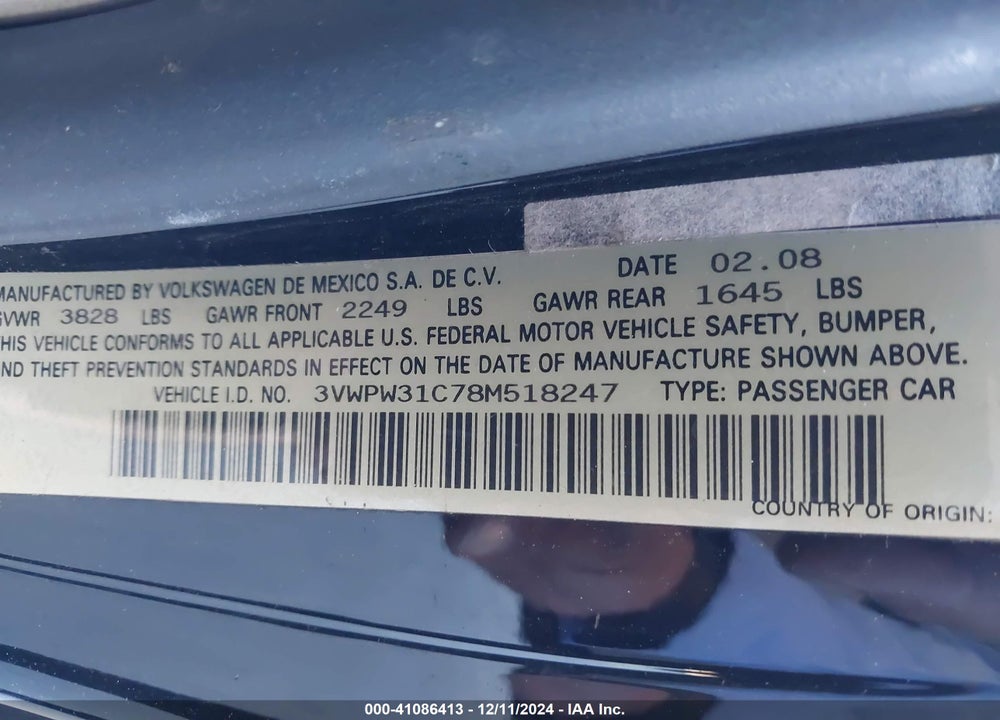 2008 VOLKSWAGEN NEW BEETLE VIN: 3VWPW31C78M518247