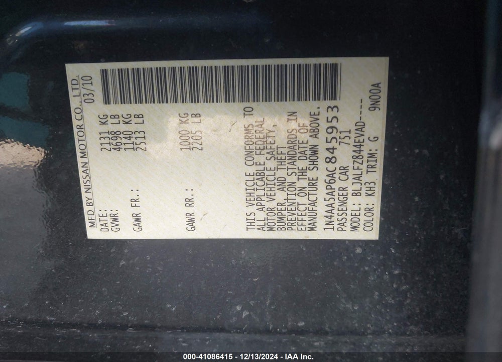 2010 NISSAN MAXIMA 3.5 SV VIN: 1N4AA5AP6AC845953