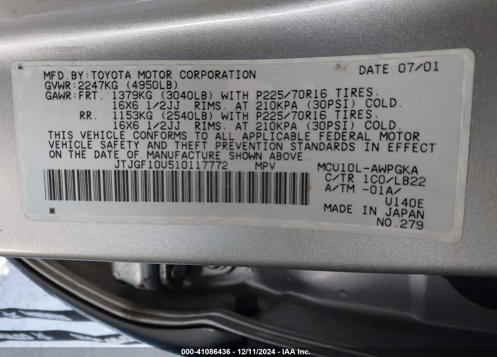 2001 LEXUS RX 300 VIN: JTJGF10U510117772