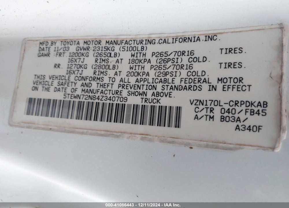 2004 TOYOTA TACOMA BASE V6 VIN: 5TEWN72N84Z340709