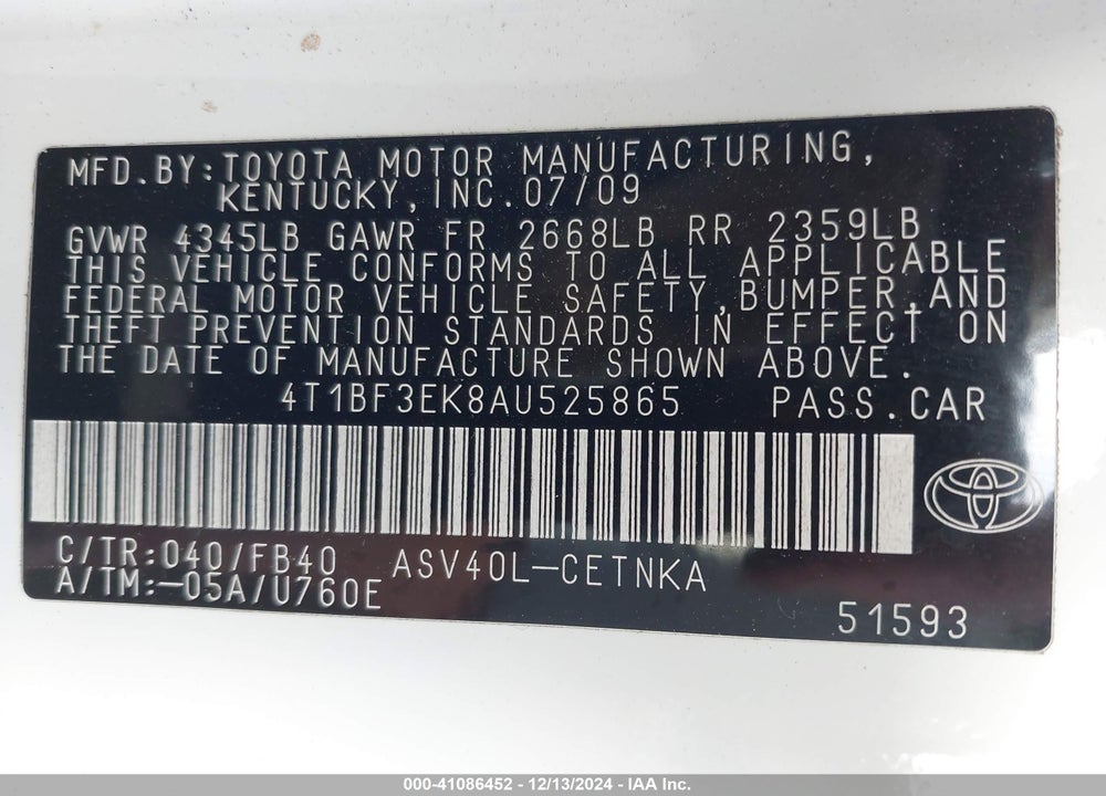 2010 TOYOTA CAMRY VIN: 4T1BF3EK8AU525865