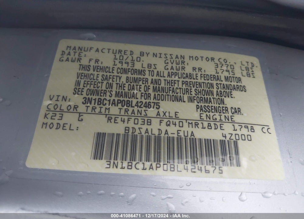 2011 NISSAN VERSA VIN: 3N1BC1AP0BL424675