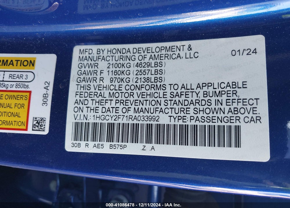 2024 HONDA ACCORD VIN: 1HGCY2F71RA033992